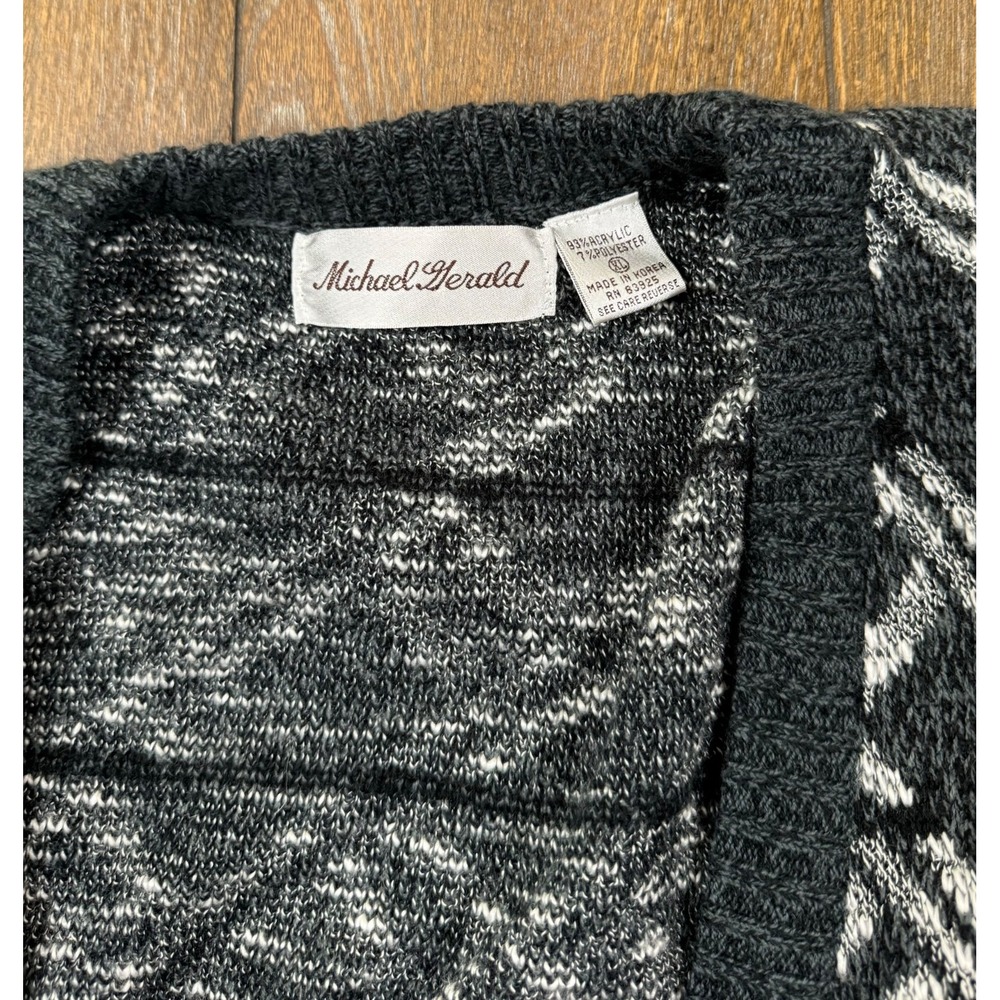 Vintage Michael Gerald Cardigan Men XL Black White Geometric Grandpa Sweater - Picture 4 of 6